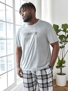 Men Letter Graphic Sleep Tee & Plaid Trousers - Multicolor - View 3