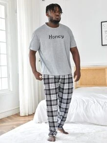 Men Letter Graphic Sleep Tee & Plaid Trousers - Multicolor - View 5