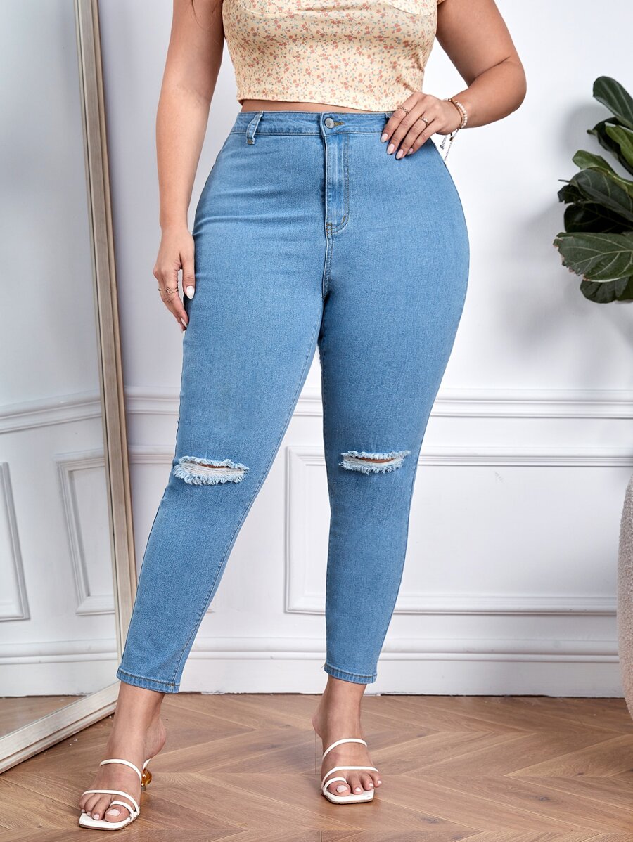 Jeans ajustados desgarro - Azul lavado medio - Ver 1