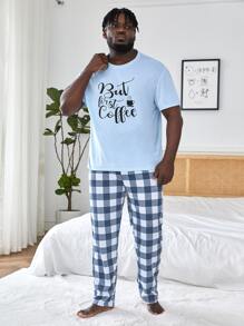 Extended Sizes Men Slogan Graphic Sleep Tee & Gingham Print Trousers - Blue and White - View 1