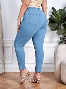 Jeans ajustados desgarro - Azul lavado medio - Ver 2