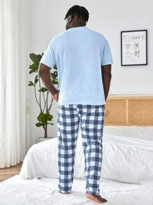 Extended Sizes Men Slogan Graphic Sleep Tee & Gingham Print Trousers - Blue and White - View 2