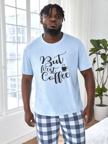 Extended Sizes Men Slogan Graphic Sleep Tee & Gingham Print Trousers - Blue and White - View 3