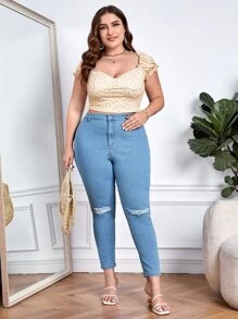 Jeans ajustados desgarro - Azul lavado medio - Ver 4