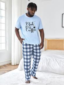 Extended Sizes Men Slogan Graphic Sleep Tee & Gingham Print Trousers - Blue and White - View 4