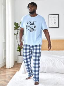 Extended Sizes Men Slogan Graphic Sleep Tee & Gingham Print Trousers - Blue and White - View 5