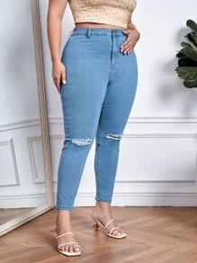 Jeans ajustados desgarro - Azul lavado medio - Ver 5