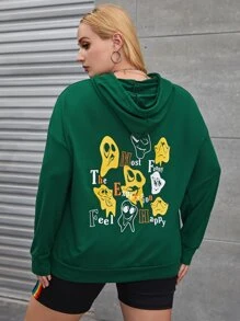 Flirla Capucha con estampado de dibujos animados y letra de hombros caídos con cordón - Verde - Ver 1