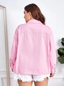 SHEIN Frenchy Plus Flap Pocket Drop Shoulder Denim Jacket - Pink - View 2