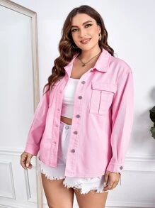 SHEIN Frenchy Plus Flap Pocket Drop Shoulder Denim Jacket - Pink - View 4