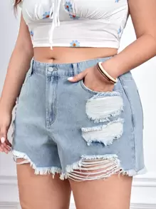 EMERY ROSE Shorts mezclilla desgarro bajo crudo - Lavado ligero - Ver 1