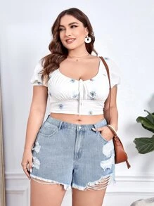 EMERY ROSE Shorts mezclilla desgarro bajo crudo - Lavado ligero - Ver 4