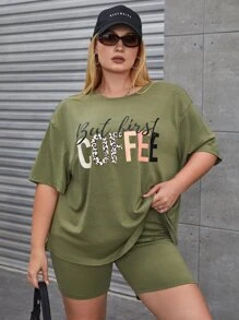Flirla Plus Leopard & Letter Graphic Drop Shoulder Tee & Cycling Shorts - Army Green - View 1