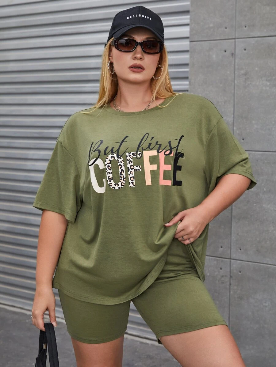 Flirla Plus Leopard & Letter Graphic Drop Shoulder Tee & Cycling Shorts - Army Green - View 1