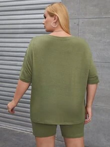 Flirla Plus Leopard & Letter Graphic Drop Shoulder Tee & Cycling Shorts - Army Green - View 2