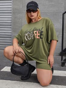 Flirla Plus Leopard & Letter Graphic Drop Shoulder Tee & Cycling Shorts - Army Green - View 3