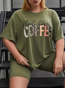 Flirla Plus Leopard & Letter Graphic Drop Shoulder Tee & Cycling Shorts - Army Green - View 4