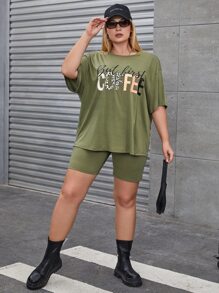 Flirla Plus Leopard & Letter Graphic Drop Shoulder Tee & Cycling Shorts - Army Green - View 5