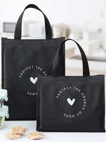 1pc Heart & Slogan Graphic Lunch Bag - Black - View 1