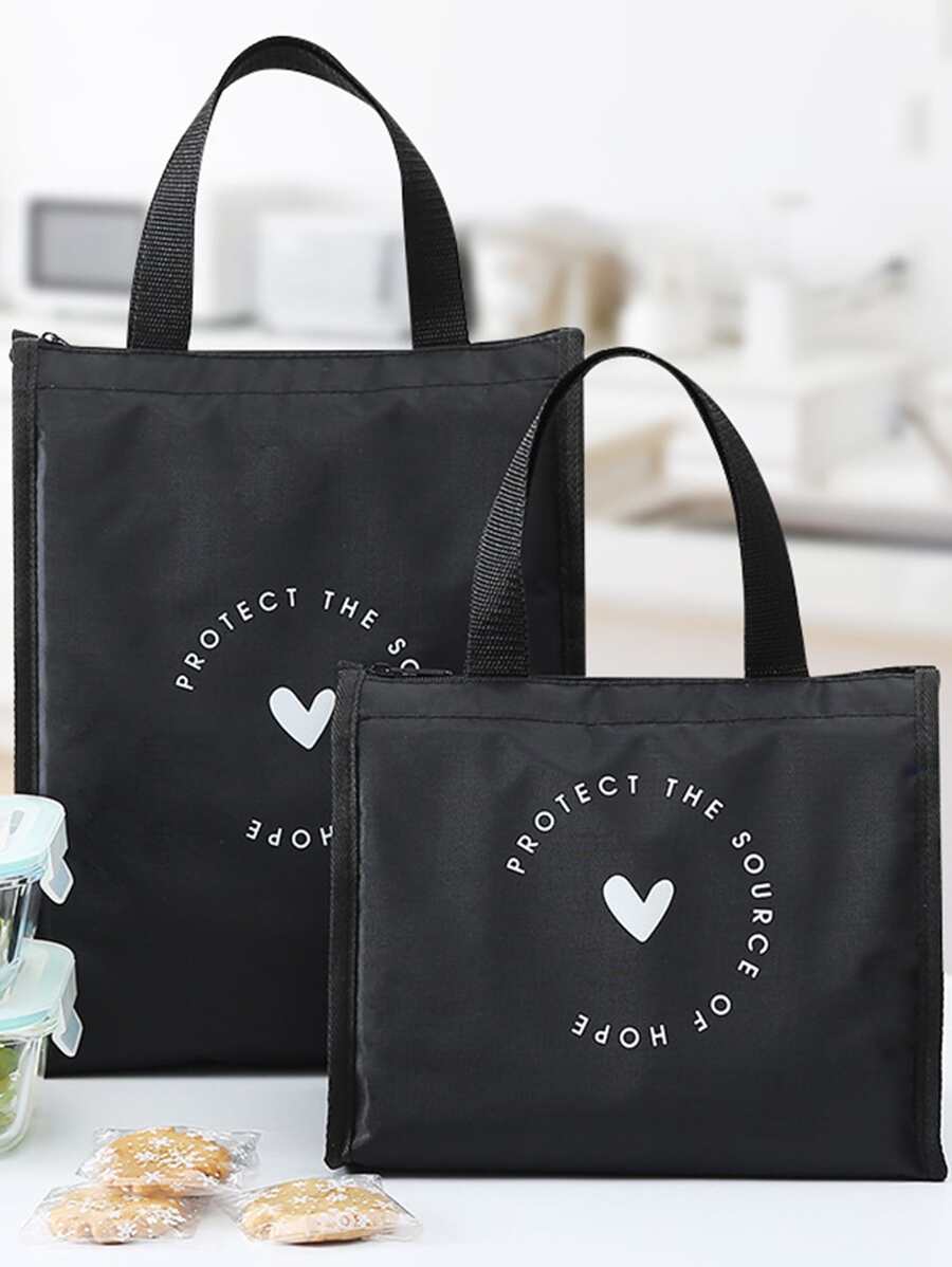 1pc Heart & Slogan Graphic Lunch Bag - Black - View 1