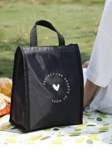 1pc Heart & Slogan Graphic Lunch Bag - Black - View 5