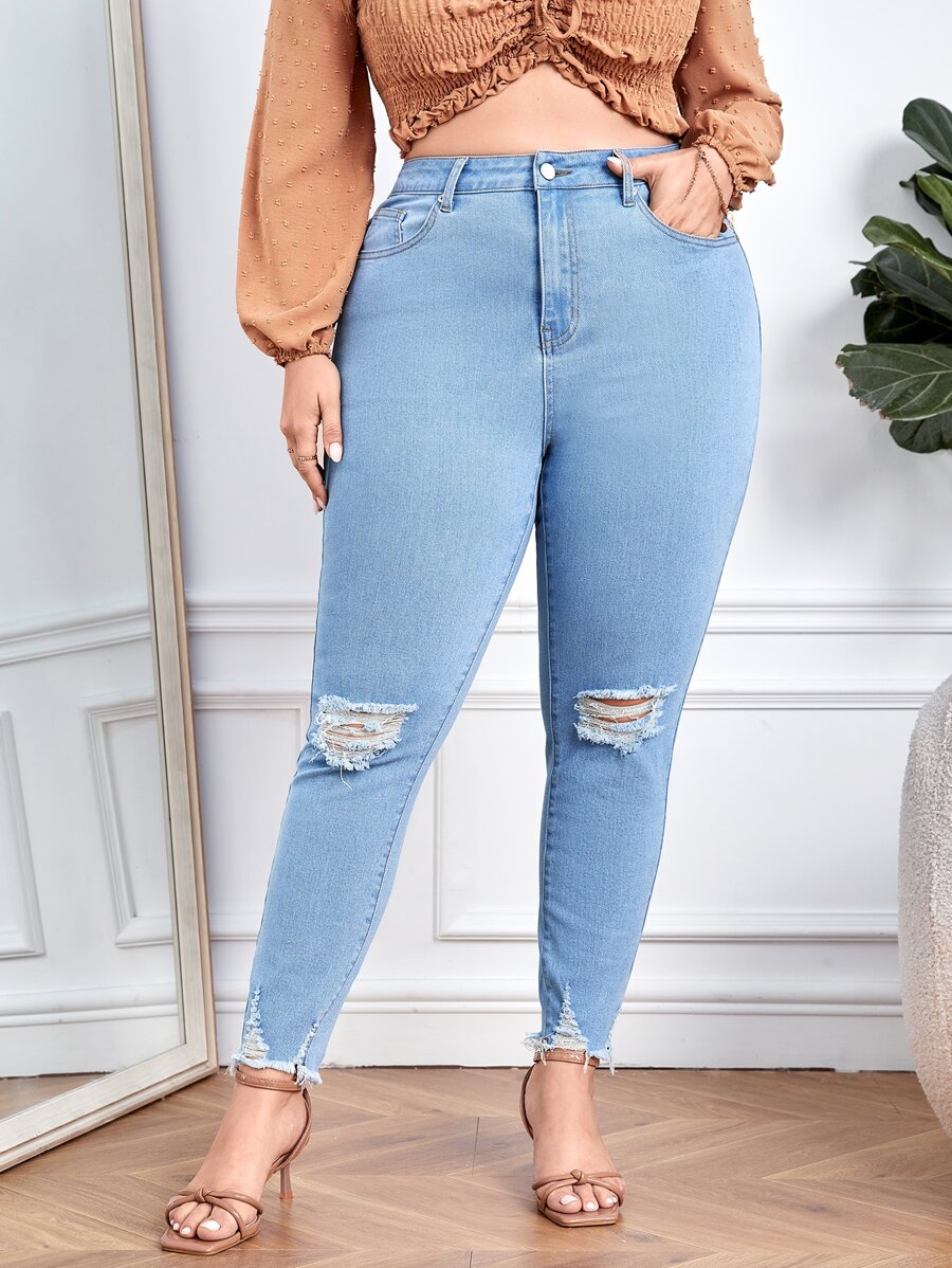 Jeans ajustados desgarro ribete sin dobladillo - Lavado ligero - Ver 1