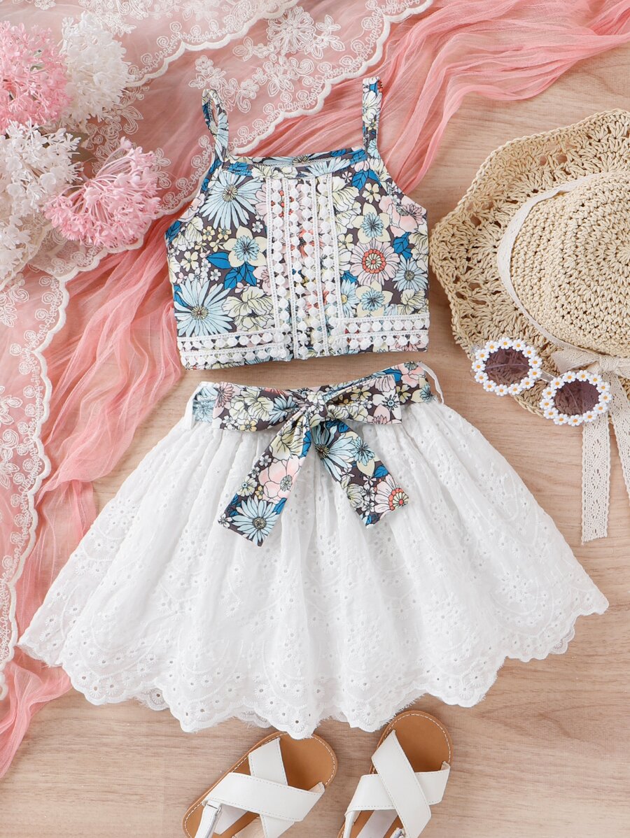 SHEIN 小女童印花吊帶上衣和腰帶網眼刺繡半身裙