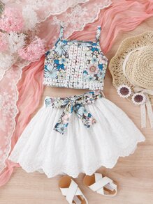 SHEIN 小女童印花吊帶上衣和腰帶網眼刺繡半身裙