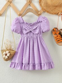 Toddler Girls Swiss Dot Bow Front Ruffle Hem Dress - Lilac Purple - View 1