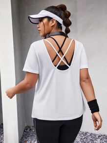 Plus Crisscross Backless Sports Tee - White - View 1