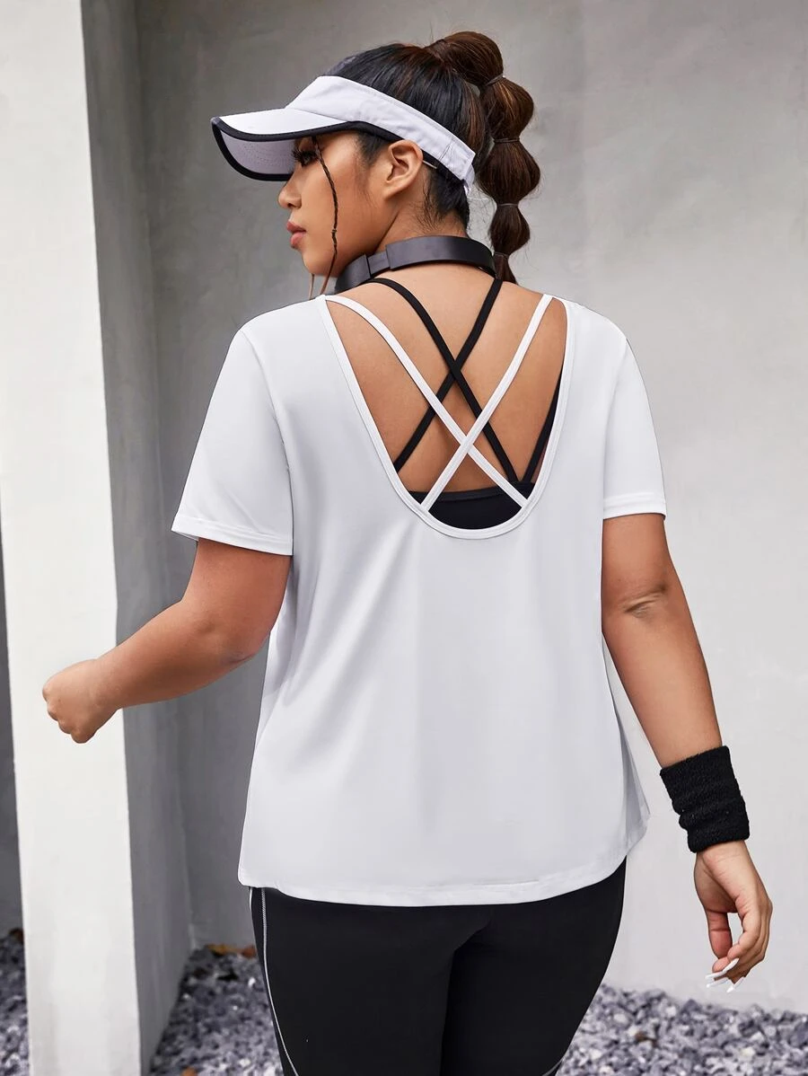 Plus Crisscross Backless Sports Tee - White - View 1
