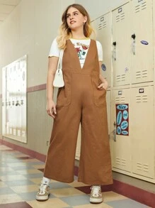 SHEIN EZwear Plus 1pc Solid Slant Pocket Overall Jumpsuit - Brown - View 3