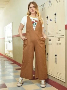 SHEIN EZwear Plus 1pc Solid Slant Pocket Overall Jumpsuit - Brown - View 4