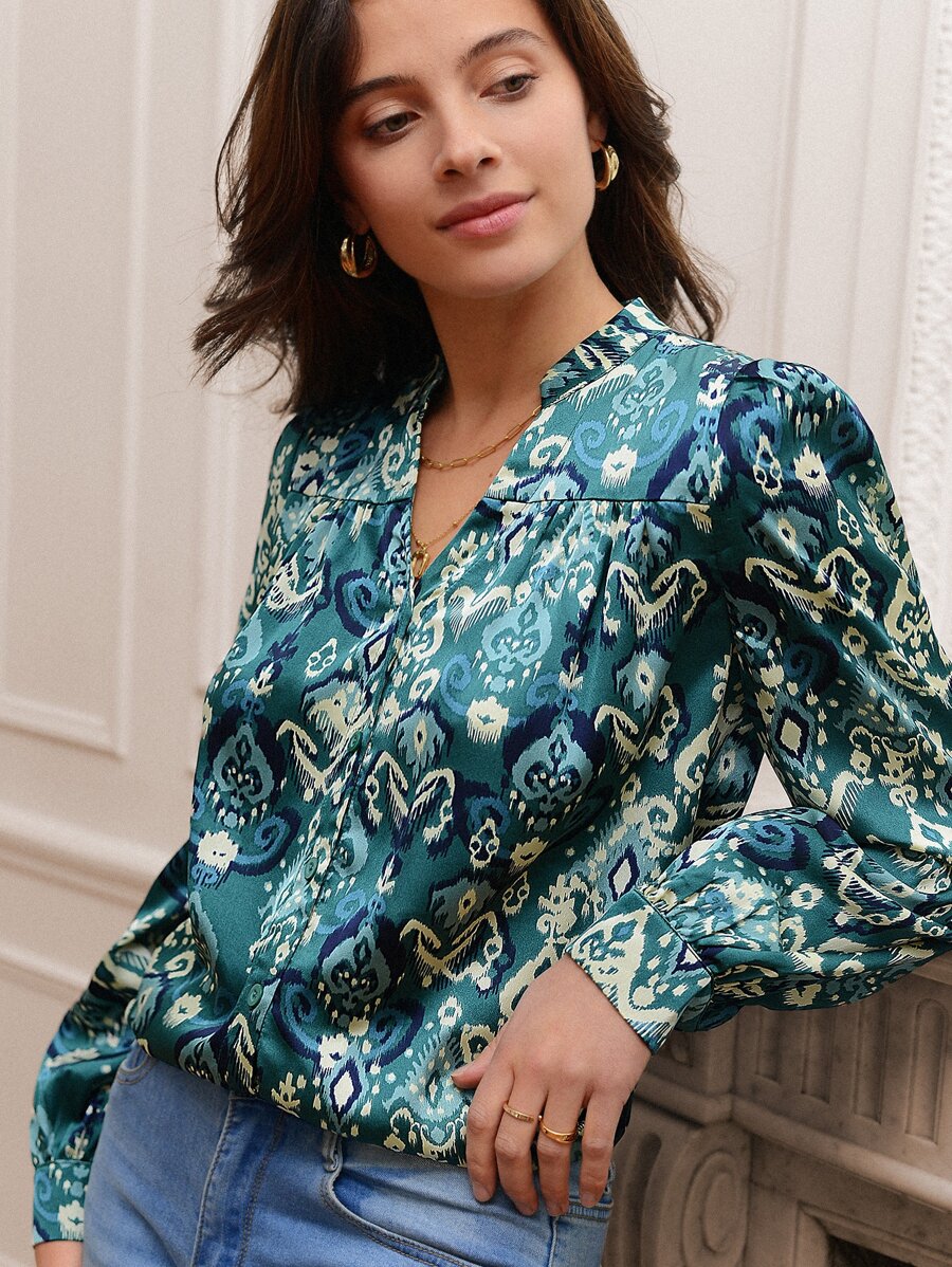 SHEIN Frenchy Notch Neck Allover Print Shirt - Multicolor - View 1