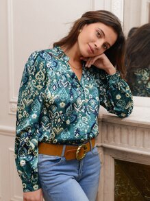 SHEIN Frenchy Notch Neck Allover Print Shirt - Multicolor - View 5