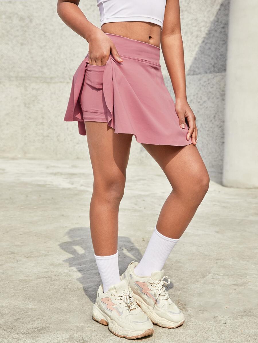 SHEIN 青少年女孩實色口袋細節裙