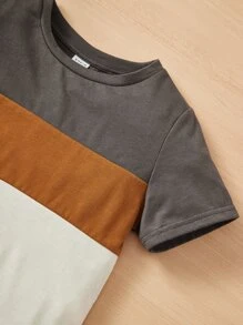 SHEIN Young Boys Casual Loose Comfortable Colorblock Patchwork Short Sleeve Top - Dark Grey - View 4