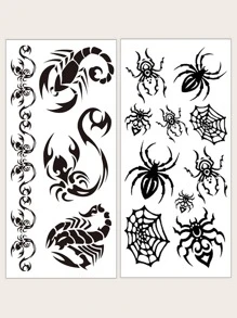 Bộ dụng cụ dán hình xăm , 2 Sheets Spider & Scorpion Pattern Hình xăm tạm thời cho phụ nữ , Hình xăm dán cho người lớn , Realistic Hình xăm con nhện , Hình xăm bọ cạp , Dành cho phụ nữ và các cô gái - màu đen - Xem 1