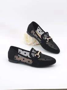 Contrast Dobby Mesh Snaffle Decor Faux Suede Flat Loafers - Black - View 1