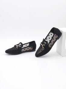 Contrast Dobby Mesh Snaffle Decor Faux Suede Flat Loafers - Black - View 4