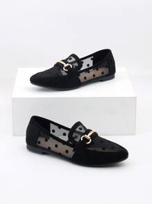 Contrast Dobby Mesh Snaffle Decor Faux Suede Flat Loafers - Black - View 5