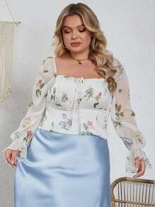 大碼印花方領荷葉袖襯衫 - 彩色 - 查看 1