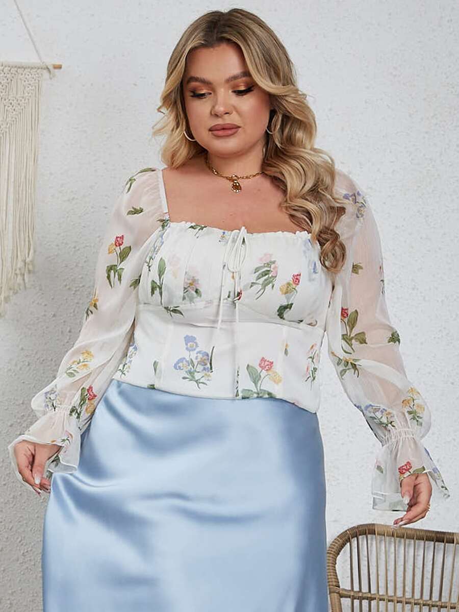 大碼印花方領荷葉袖襯衫 - 彩色 - 查看 1