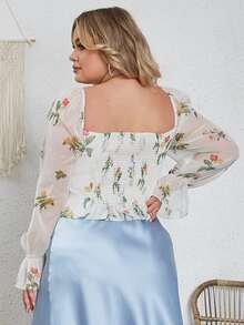 大碼印花方領荷葉袖襯衫 - 彩色 - 查看 2