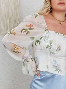 大碼印花方領荷葉袖襯衫 - 彩色 - 查看 4