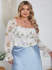 大碼印花方領荷葉袖襯衫 - 彩色 - 查看 5