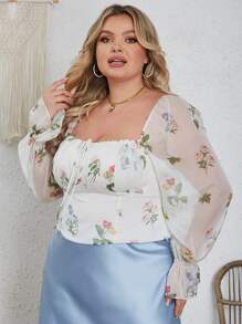 大碼印花方領荷葉袖襯衫 - 彩色 - 查看 7