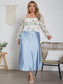 大碼印花方領荷葉袖襯衫 - 彩色 - 查看 8