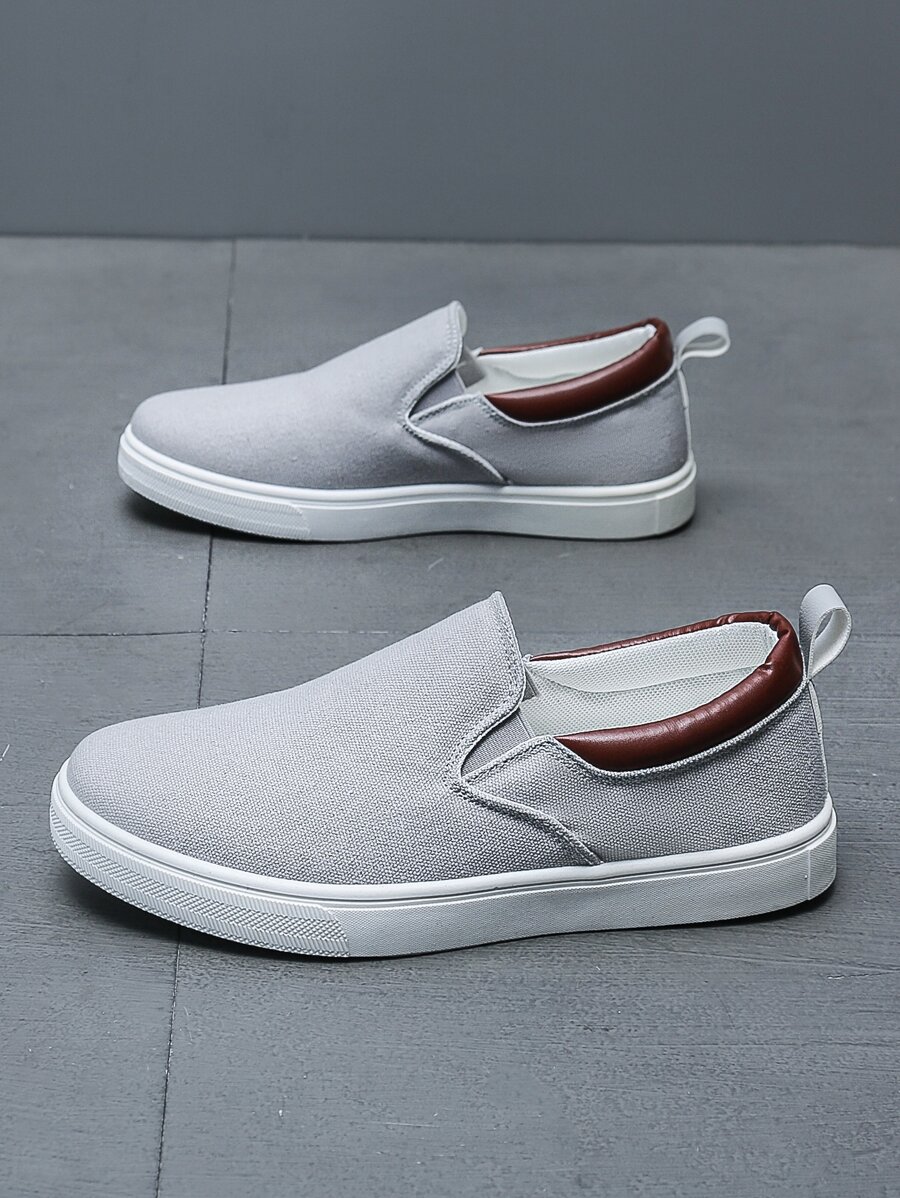 Men Canvas Contrast Panel Slip On Sneakers - Light Grey - View 1
