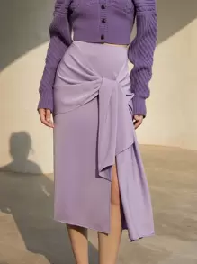 高腰前垂褶高衩半身裙